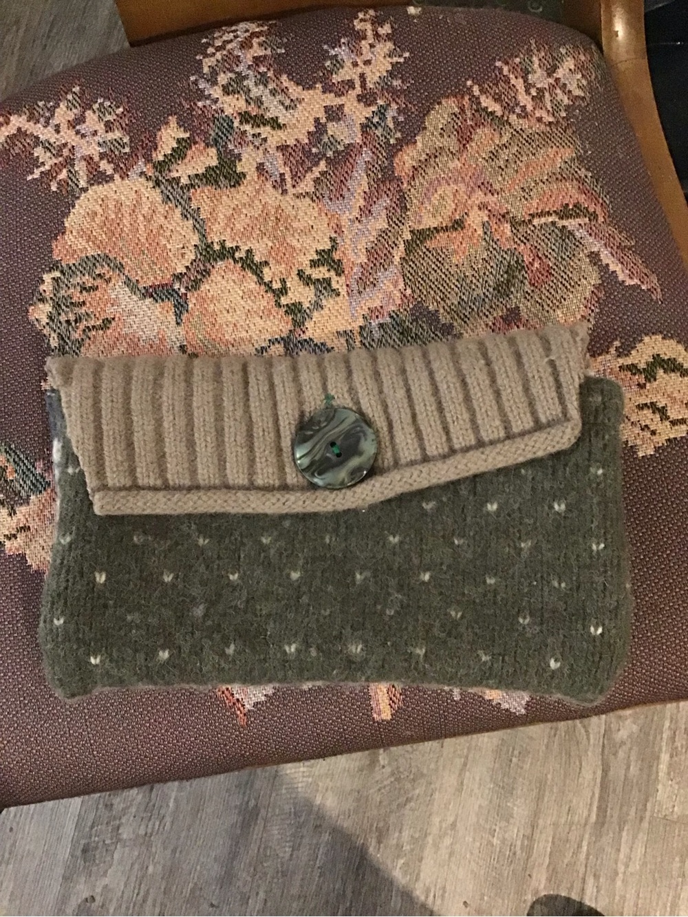 Knit Fold-Over Wristlet Clutch in Olive Green and Beige